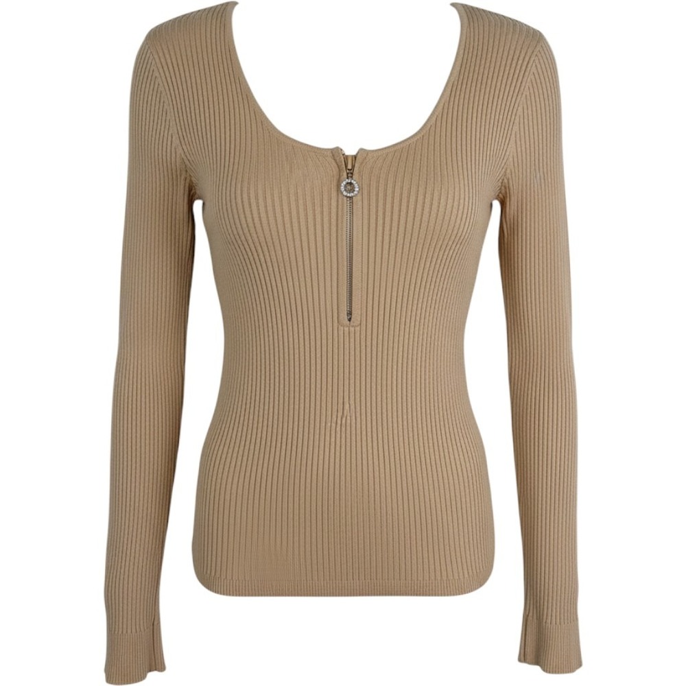 Vintage Cache Ribbed Knit Zip Top Small Tan
